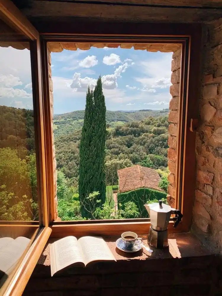 Blick durch ein altes Fenster auf eine Zypresse